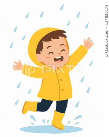 Cartoon illustration of a happy child playing in the rain Cartoon illustration of a happy child playing in the rain 134820172