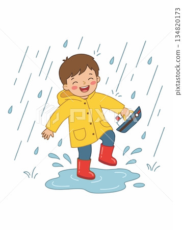 Cartoon illustration of a happy child playing in the rain 134820173