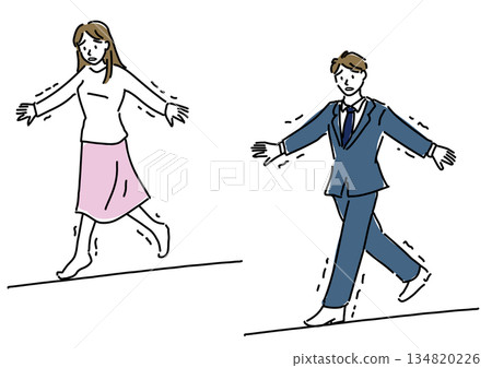 一組線條簡潔的插畫,描繪了走鋼索的男女。 一組線條簡潔的插畫,描繪了走鋼索的男女。 134820226