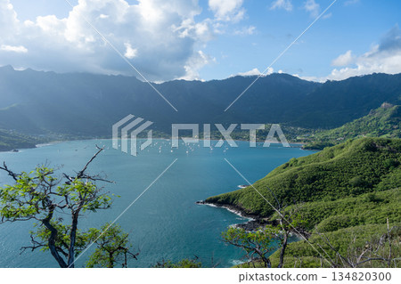 Taiohae Bay and town with anchored sailboats in Nuku Hiva, Marquesas Islands, French Polynesia Taiohae Bay and town with anchored sailboats in Nuku Hiva, Marquesas Islands, French Polynesia 134820300
