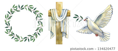Watercolor collection of religious Easter elements. Includes a green olive branch wreath, a golden wooden cross draped with white cloth, and a white dove of peace carrying an olive sprig. 134820477