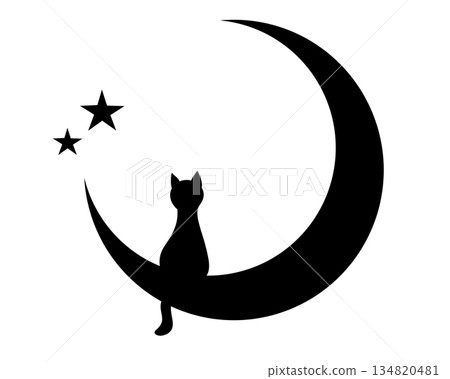 Illustration material of a cat silhouette looking up at the moon Illustration material of a cat silhouette looking up at the moon 134820481