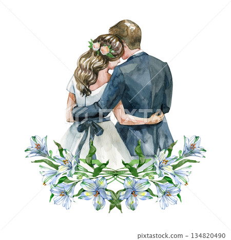 Romantic watercolor couple embraced above a lush arrangement of white alstroemeria flowers. Ideal for wedding stationery, cards, anniversary designs, romantic posters and elegant print projects. Romantic watercolor couple embraced above a lush arrangement of white alstroemeria flowers. Ideal for wedding stationery, cards, anniversary designs, romantic posters and elegant print projects. 134820490