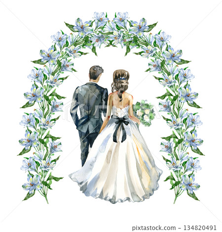 Elegant watercolor illustration of a bride and groom standing under a lush floral arch of white alstroemeria. Romantic wedding artwork perfect for invitations, greeting cards, stationery and Elegant watercolor illustration of a bride and groom standing under a lush floral arch of white alstroemeria. Romantic wedding artwork perfect for invitations, greeting cards, stationery and 134820491