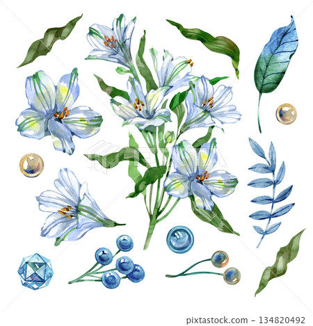 Watercolor botanical collection of blue alstroemeria lilies, green leaves, and decorative glass jewels. Hand-painted elements for luxurious floral arrangements and stationery. 134820492
