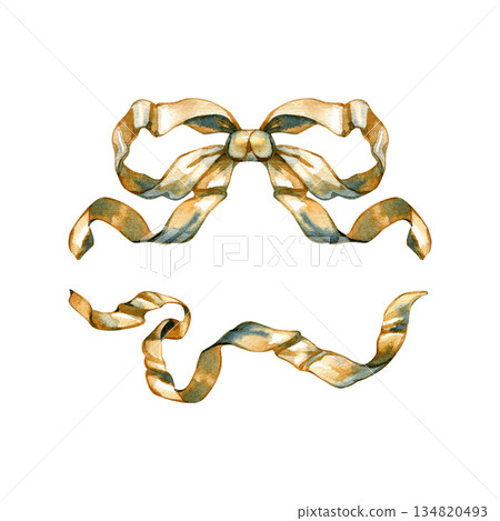 Watercolor illustration set of elegant golden ribbons. Features a decorative silk bow and a flowing twisted streamer in warm bronze and gold tones, perfect for festive banners and gift designs. Watercolor illustration set of elegant golden ribbons. Features a decorative silk bow and a flowing twisted streamer in warm bronze and gold tones, perfect for festive banners and gift designs. 134820493