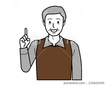 正面視角。一位身穿襯衫和背心的老者擺出數字1的姿勢。 134820495