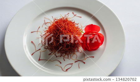 A close-up of a vibrant mound of red saffron threads arranged on a white plate A close-up of a vibrant mound of red saffron threads arranged on a white plate 134820702