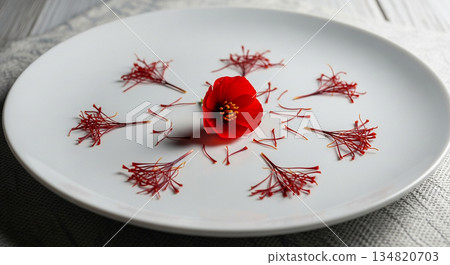 A close-up of a vibrant mound of red saffron threads arranged on a white plate 134820703