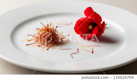 A close-up of a vibrant mound of red saffron threads arranged on a white plate A close-up of a vibrant mound of red saffron threads arranged on a white plate 134820704