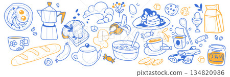 Breakfast doodle set with vintage chalk icons 134820986