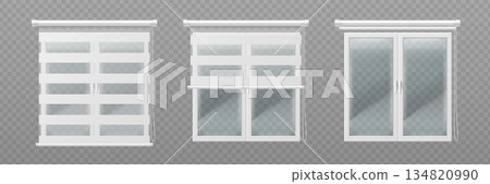 Window blind set with realistic 3D roller curtain 134820990