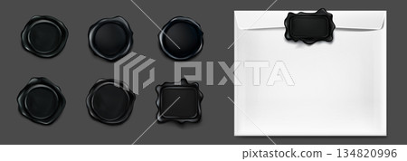 Black wax stamps set and white envelope Black wax stamps set and white envelope 134820996