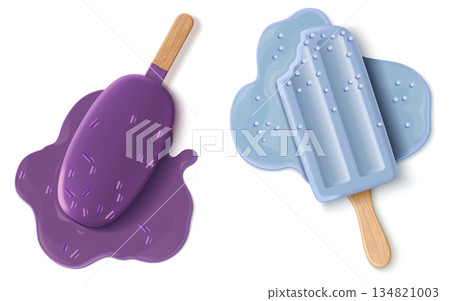 Melting purple and blue ice cream popsicles set 134821003