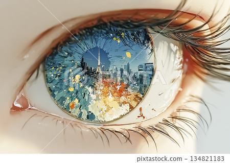Concept eye-catching illustration depicting the eyes of an AI projecting the future of cities Concept eye-catching illustration depicting the eyes of an AI projecting the future of cities 134821183