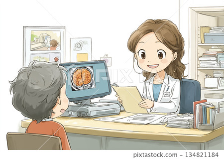 Medical illustration of a female doctor explaining test results using MRI images 134821184