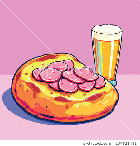 Vsai pepperoni pizza with beer pop art illustration 134821481