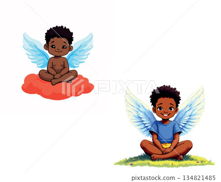 Vsai cute black angel boy sitting meditating on cloud and grass Vsai cute black angel boy sitting meditating on cloud and grass 134821485