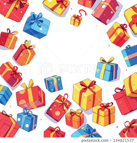 Vsai colorful cartoon gift boxes flying around white background Vsai colorful cartoon gift boxes flying around white background 134821537