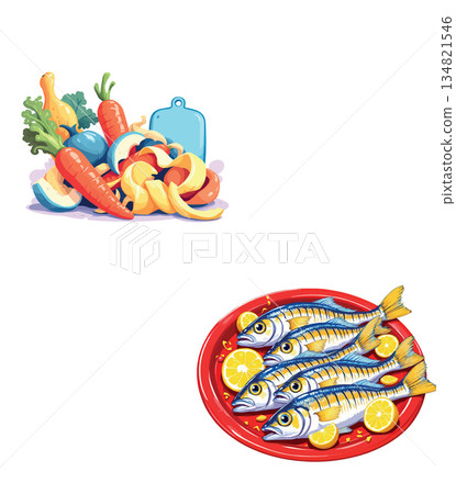Vsai cooking fresh fish and vegetables on cutting board Vsai cooking fresh fish and vegetables on cutting board 134821546