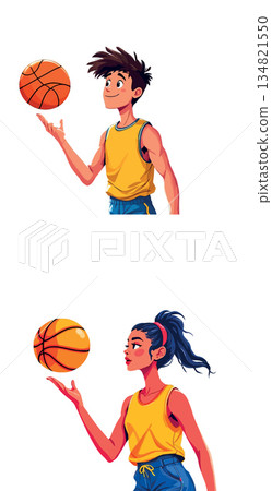 Vsai young male and female basketball players balancing balls 134821550
