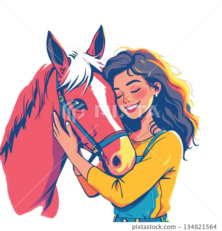 Vsai woman embracing horse displaying friendship and love Vsai woman embracing horse displaying friendship and love 134821564