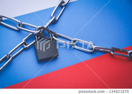 Flag of Russia and a chain with a lock. Country blocking. Prohibited. Flag of Russia and a chain with a lock. Country blocking. Prohibited. 134821870