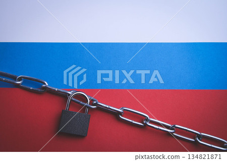 Flag of Russia and a chain with a lock. Country blocking. Prohibited. Flag of Russia and a chain with a lock. Country blocking. Prohibited. 134821871