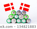 Battery. A lot of batteries on the background of the flag of the country. 134821883