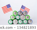 Battery. A lot of batteries on the background of the flag of the country. 134821893