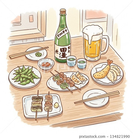 Illustration of alcohol and snacks 134821990