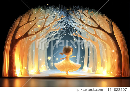 Fantasy illustration of little fairies dancing in a fantasy forest surrounded by light 134822207