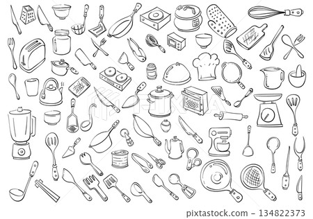 Kitchen Related Doodle vector set. Drawing sketch illustration hand drawn line eps10 134822373