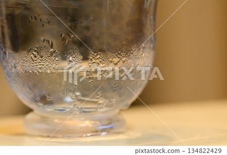 Close-up of water droplets and texture of a glass cup with condensation 134822429