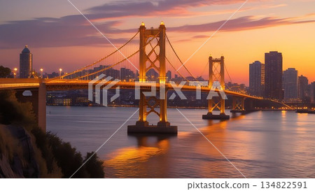 Golden Bridge at Sunset A City Landmark in Warm Light 13-1 134822591