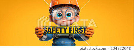 A Cartoon Worker Holding a Safety First Sign on Yellow-Orange Background - Generative Ai 134822648