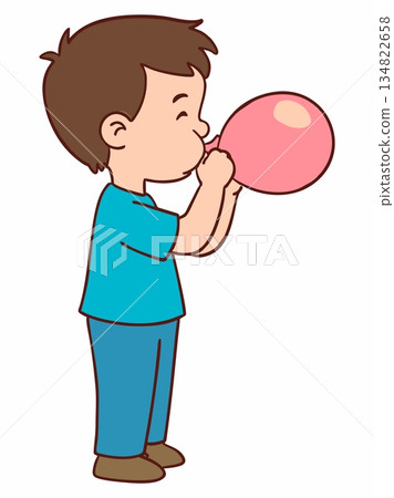 Cartoon illustration of a boy blowing up a balloon. 134822658