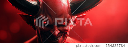 A Hyper-Realistic 3D Rendering of a Red and Black Devil Head with Glowing Red Eyes - Generative Ai 134822784
