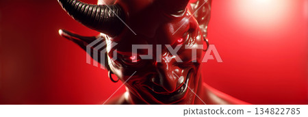 A Hyper-Realistic 3D Rendering of a Red and Black Devil Head with Glowing Red Eyes - Generative Ai 134822785