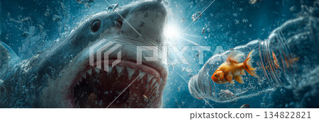 A Shark About to Devour a Goldfish Trapped Inside a Plastic Bottle - Plastic Pollution Concept - Generative Ai 134822821