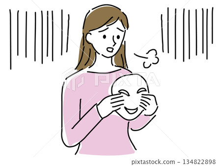 一幅線條簡潔的素描，描繪了一位女士摘下微笑口罩，嘆了口氣。 134822898