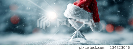 Christmas Countdown Concept with Snow-Filled Hourglass and Santa Hat in a Magical Winter Scene - Generative Ai 134823046