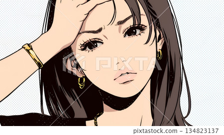 A young woman frowning, feeling doubt, worry, discomfort, dissatisfaction, etc. 134823137