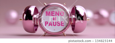 Close-up of a Vintage Alarm Clock with Pause Symbol and Text Menopause on Pink-Magenta Background - Generative Ai 134823144