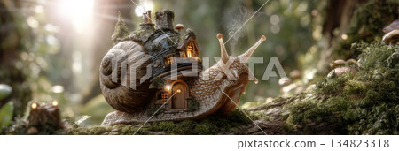 Extreme Close-up of a Snail with its Shell Transformed Into a Cozy Miniature House - Generative Ai Extreme Close-up of a Snail with its Shell Transformed Into a Cozy Miniature House - Generative Ai 134823318