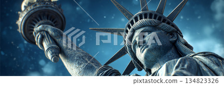 Extreme Close-Up of The Statue of Liberty Holding her Glowing Torch Against a Clear Blue Sky - Generative Ai 134823326