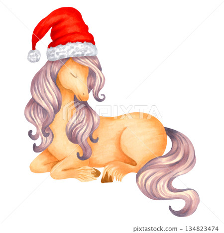 Watercolor illustration of a fantastical horse wearing a New Years hat. Fairytale creature for children. Hand drawn, isolated. Pony for nursery. Unicorn for Christmas and winter designs, baby shower Watercolor illustration of a fantastical horse wearing a New Years hat. Fairytale creature for children. Hand drawn, isolated. Pony for nursery. Unicorn for Christmas and winter designs, baby shower 134823474