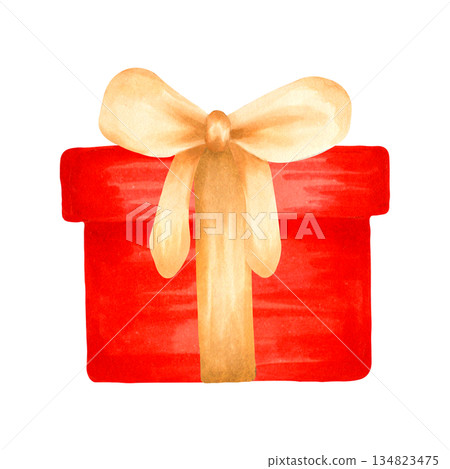 A red gift box decorated with a brown bow. Watercolor illustration. Hand drawn isolated art. Perfect for New Year's and holiday designs, cards, and invitations for Christmas and winter holidays A red gift box decorated with a brown bow. Watercolor illustration. Hand drawn isolated art. Perfect for New Year's and holiday designs, cards, and invitations for Christmas and winter holidays 134823475