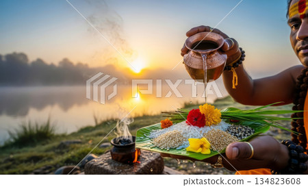 Indian Hindu ritual Tarpanam at sunrise by the river, priest pouring water over grains and flowers for ancestors.  134823608