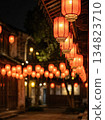 Chinese red lantern in the night of Chinese New Year of happiness. Background of bright traditional Chinese lanterns on the street 134823710